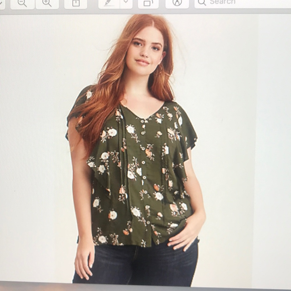 EUC Torrid Size 1x Green Ruffle Shirt Top Floral